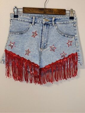 Main Strip Light Blue Denim Shorts with Red Sequin Fringe & Stars